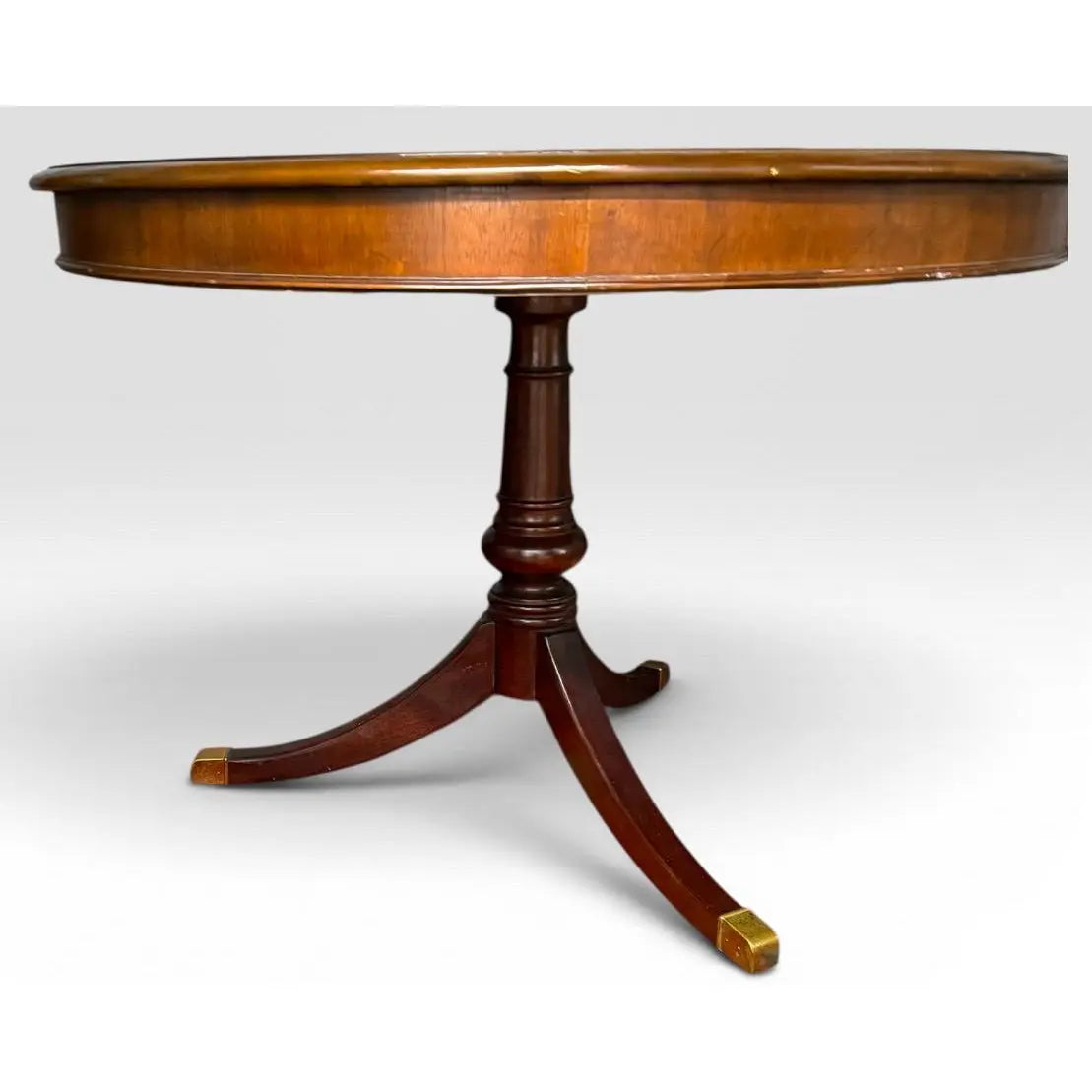 Vintage Drexel Chippendale Mahogany Pedestal Dining Table With Burlwood Veneer Top