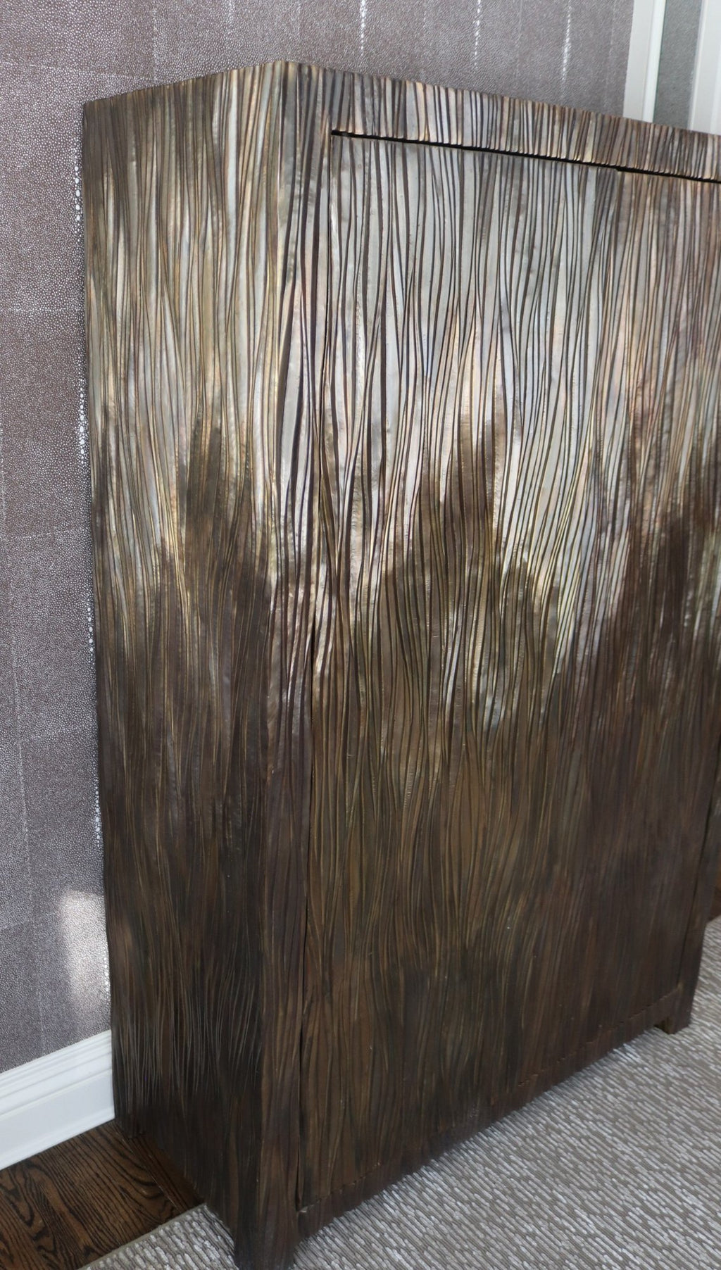 Exceptional 66” Robert Kuo Limited Edition Signed Hand-Repoussé "Pleats" Copper Armoire