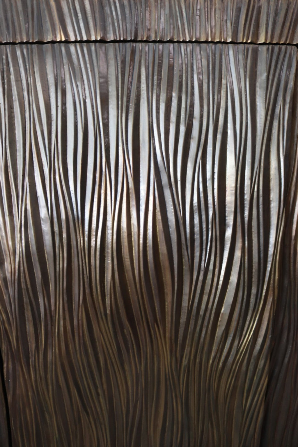 Exceptional 66” Robert Kuo Limited Edition Signed Hand-Repoussé "Pleats" Copper Armoire