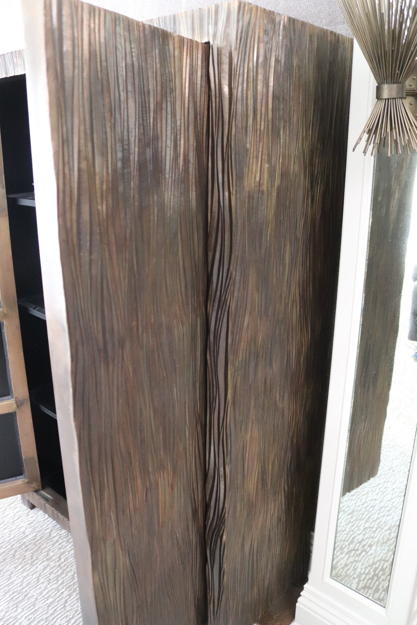 Exceptional 66” Robert Kuo Limited Edition Signed Hand-Repoussé "Pleats" Copper Armoire
