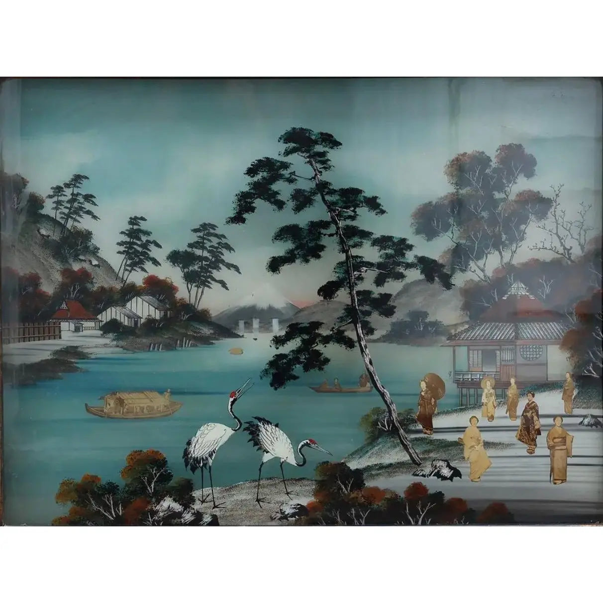 Antique Meiji Period Japanese Reverse Glass Painting - Mother of Pearl Inlay - Cranes at Mt. Fuji - c. 1890