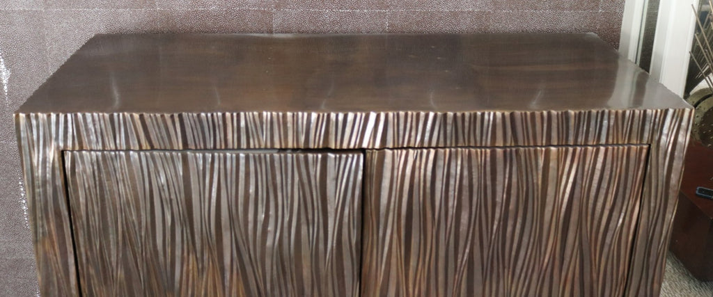 Exceptional 66” Robert Kuo Limited Edition Signed Hand-Repoussé "Pleats" Copper Armoire