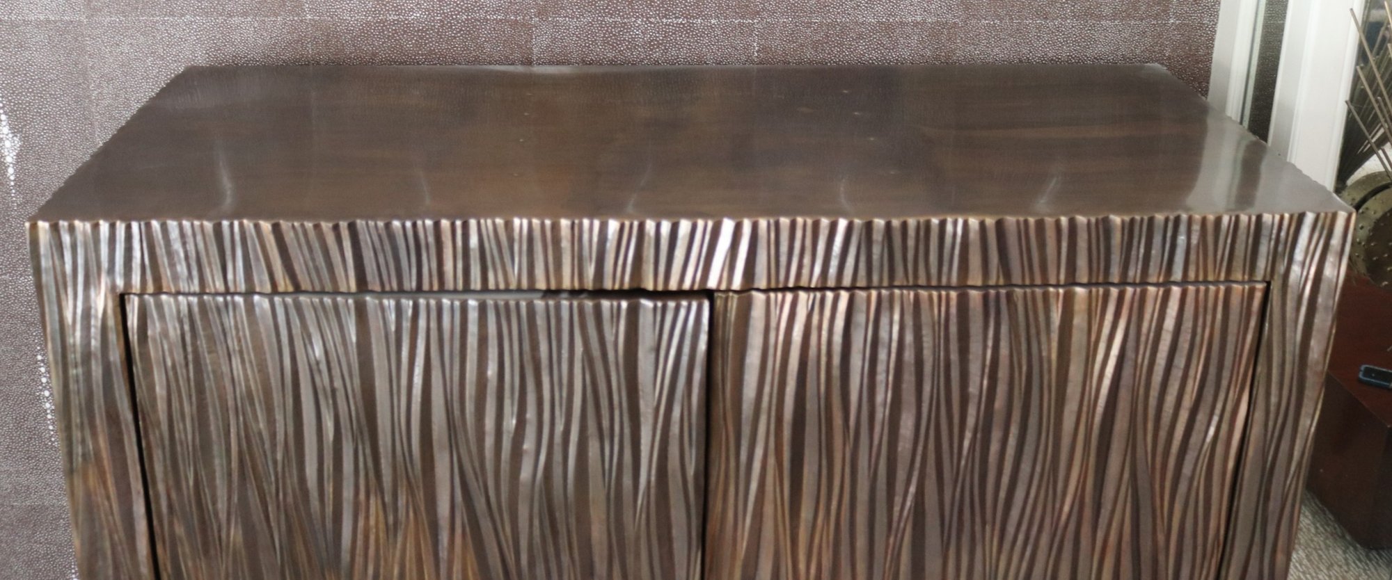 Exceptional 66” Robert Kuo Limited Edition Signed Hand-Repoussé "Pleats" Copper Armoire