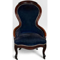 Antique Victorian Walnut Rococo Revival Navy Velvet Parlor Chair