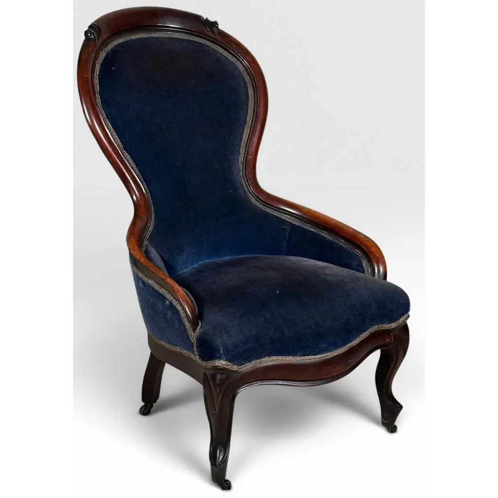 Antique Victorian Walnut Rococo Revival Navy Velvet Parlor Chair