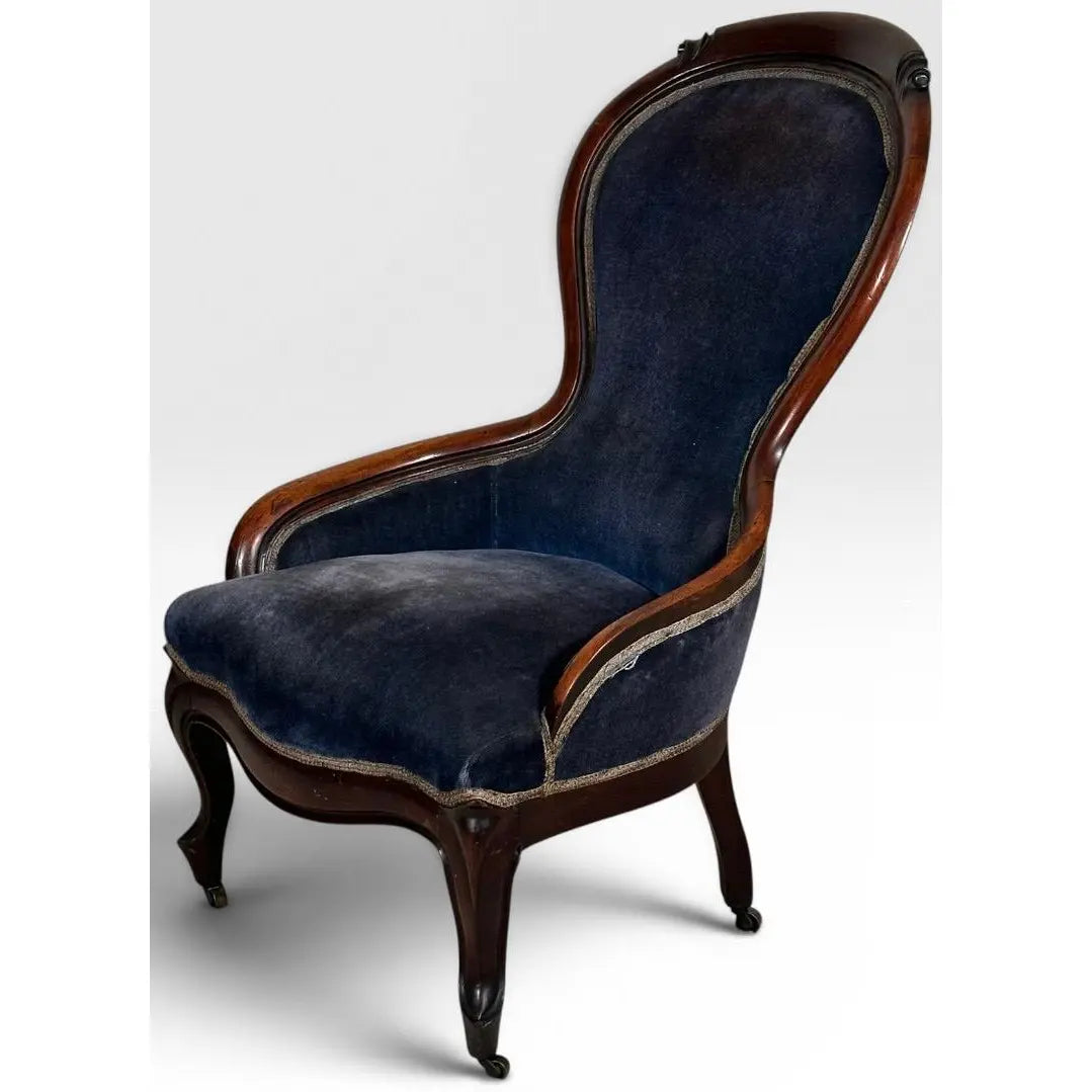 Antique Victorian Walnut Rococo Revival Navy Velvet Parlor Chair