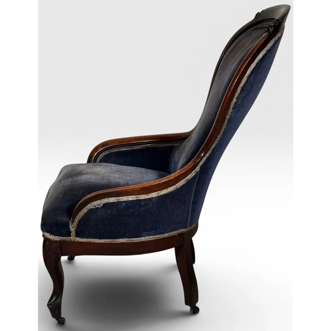 Antique Victorian Walnut Rococo Revival Navy Velvet Parlor Chair