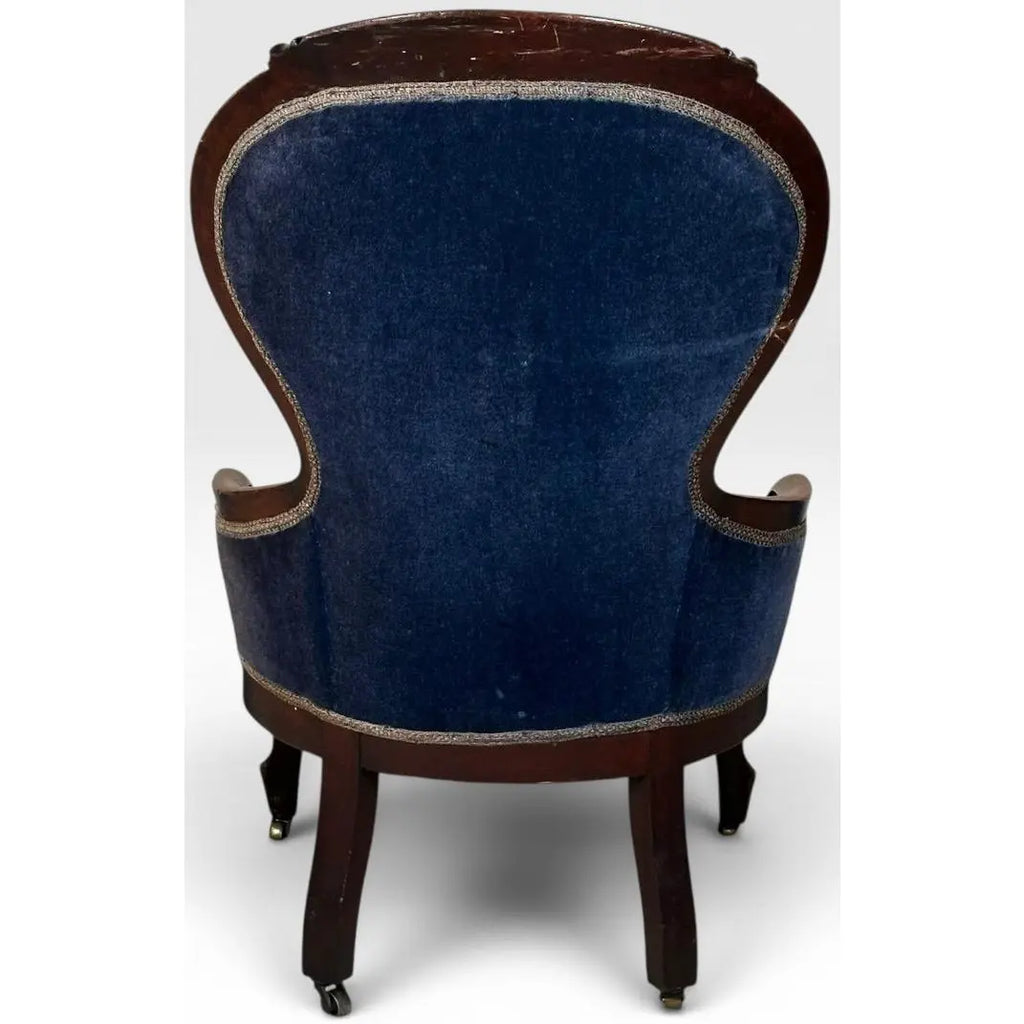 Antique Victorian Walnut Rococo Revival Navy Velvet Parlor Chair