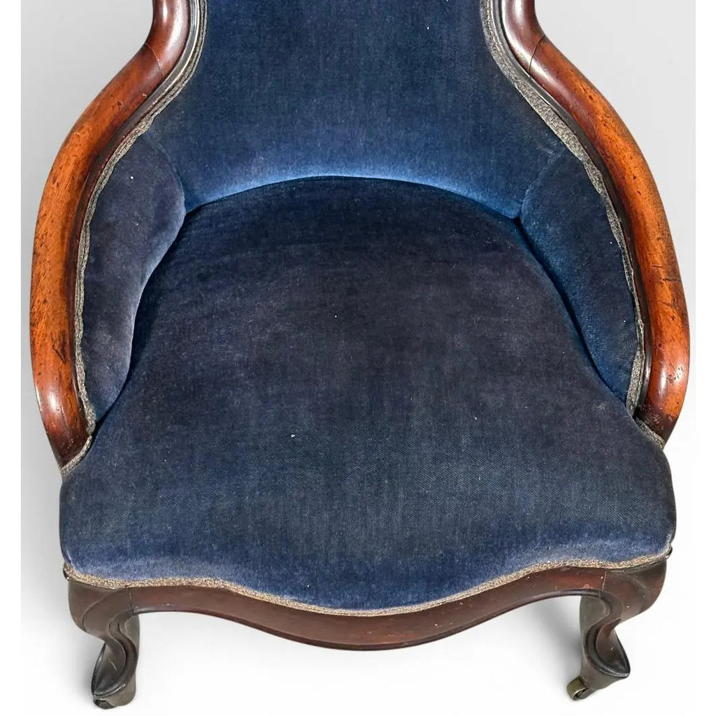 Antique Victorian Walnut Rococo Revival Navy Velvet Parlor Chair