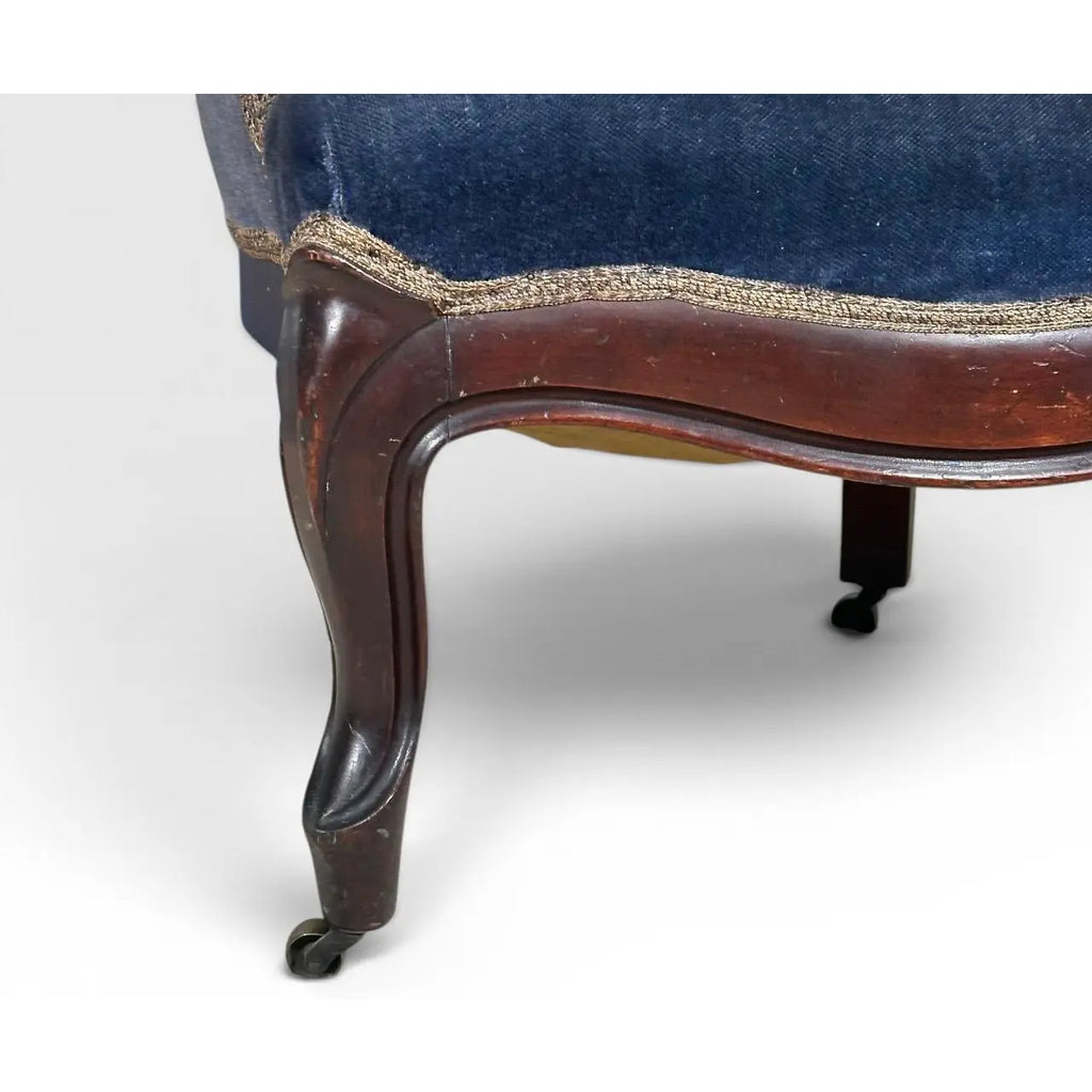 Antique Victorian Walnut Rococo Revival Navy Velvet Parlor Chair