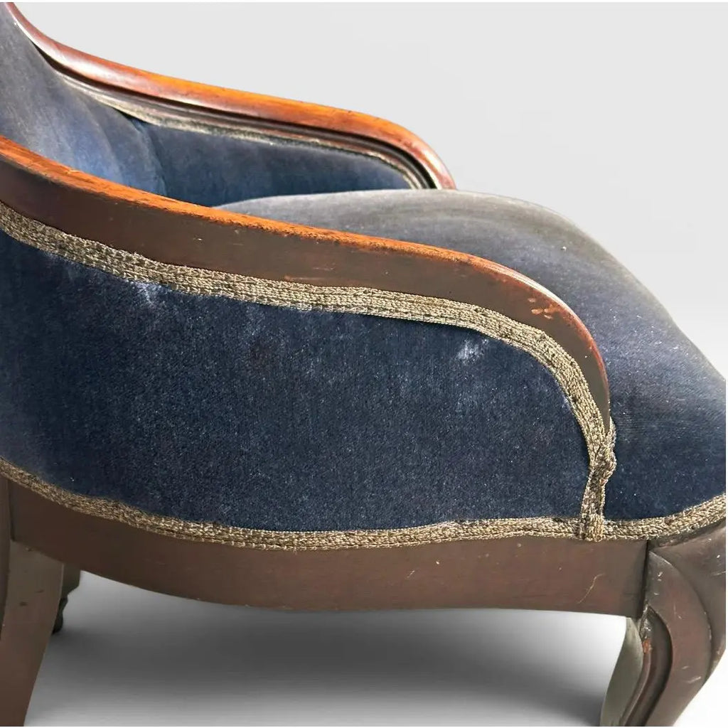 Antique Victorian Walnut Rococo Revival Navy Velvet Parlor Chair