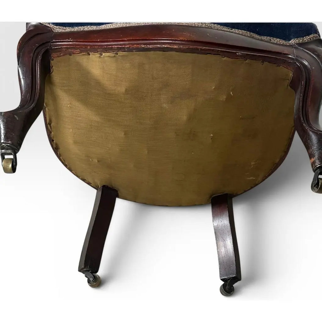 Antique Victorian Walnut Rococo Revival Navy Velvet Parlor Chair