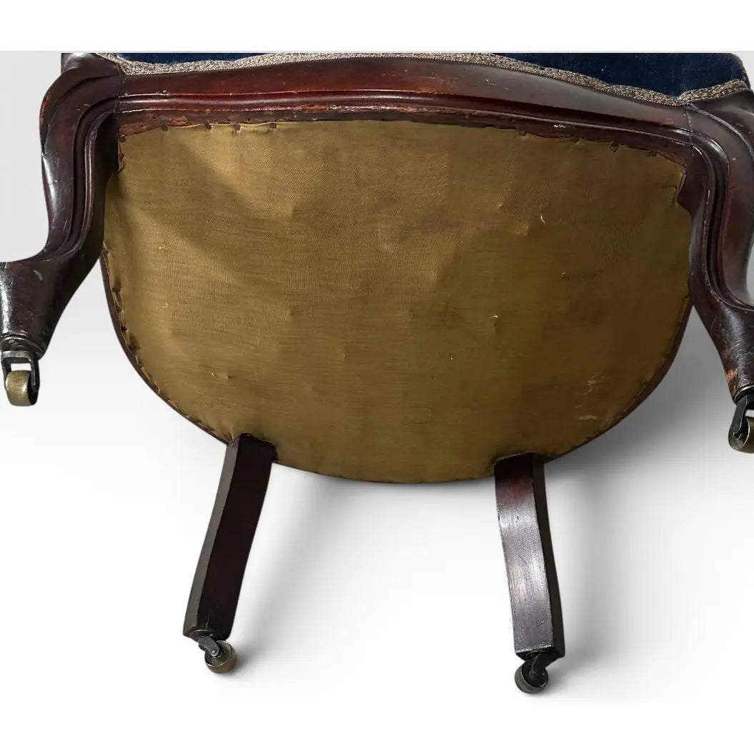 Antique Victorian Walnut Rococo Revival Navy Velvet Parlor Chair