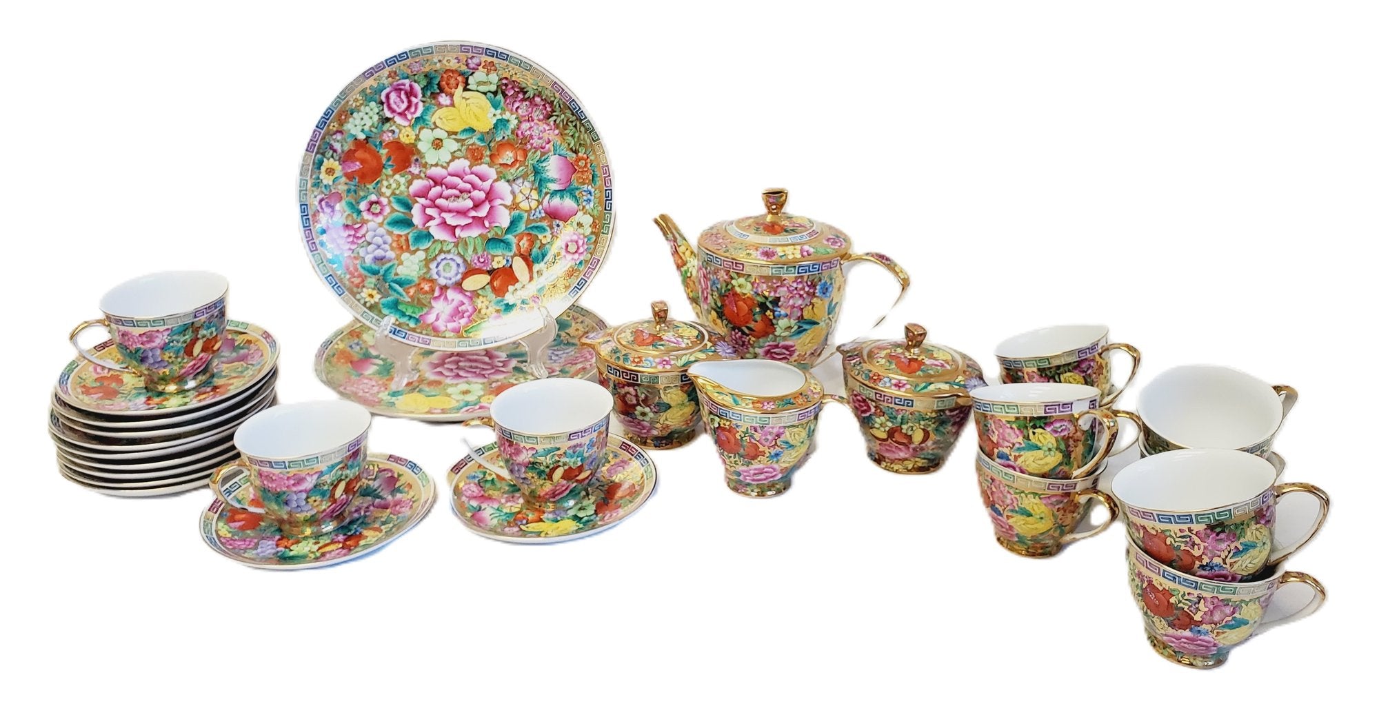 Vintage Mid Century Chinese Millefleur Thousand Flowers Famille Rose Porcelain Tea Service 28 Pieces
