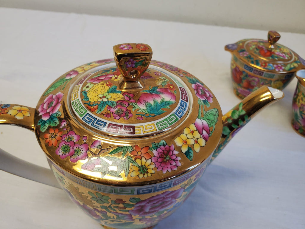 Vintage Mid Century Chinese Millefleur Thousand Flowers Famille Rose Porcelain Tea Service 28 Pieces