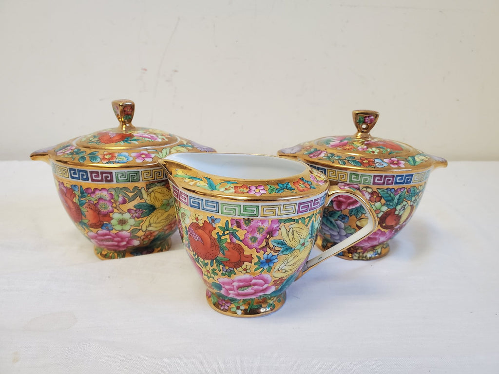 Vintage Mid Century Chinese Millefleur Thousand Flowers Famille Rose Porcelain Tea Service 28 Pieces