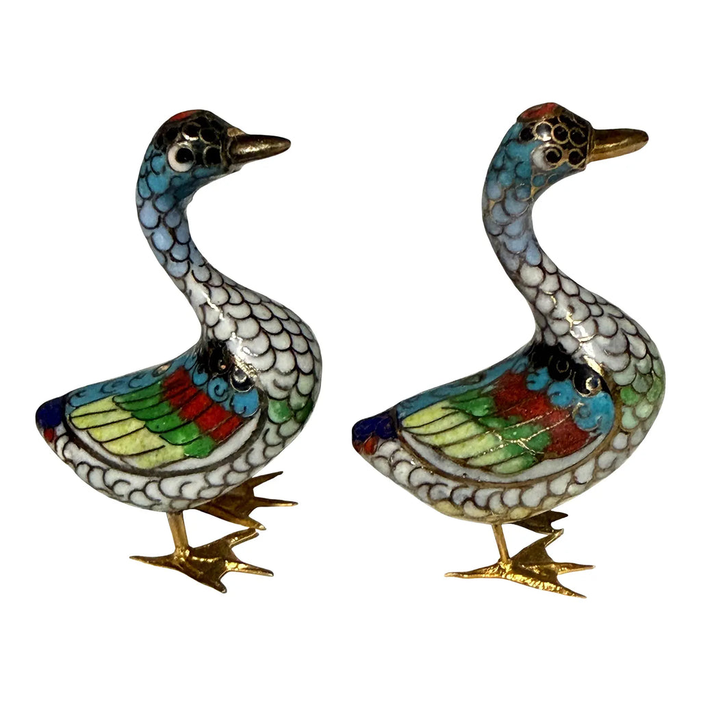 Vintage Hand-Wired Chinese Cloisonne Duck Pair Polychrome Enamel