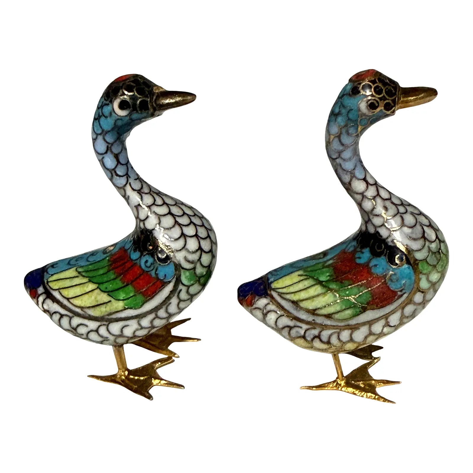 Vintage Hand-Wired Chinese Cloisonne Duck Pair Polychrome Enamel