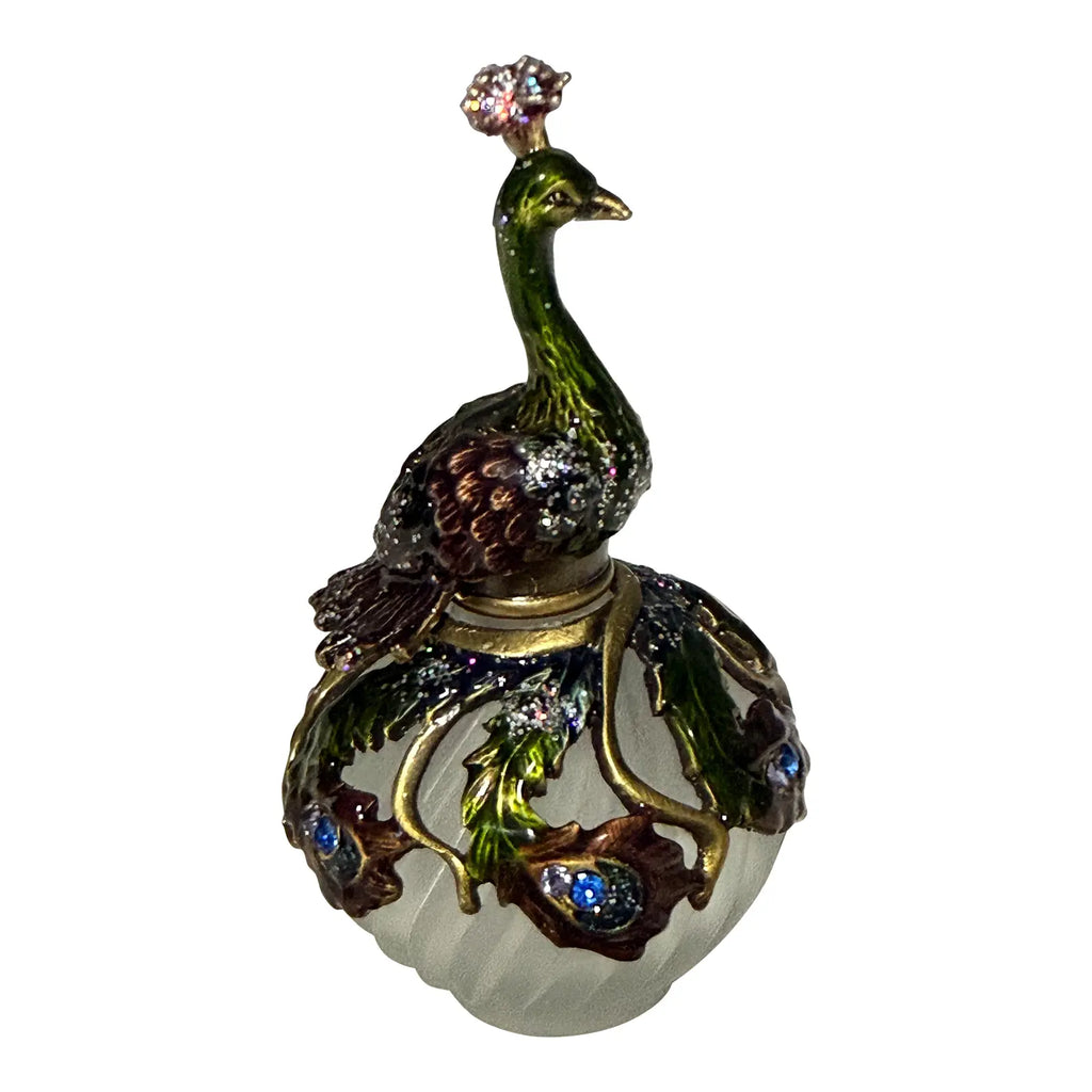 2006 Fitz and Floyd Guild Jeweled Peacock Perfume Bottle Frosted Glass