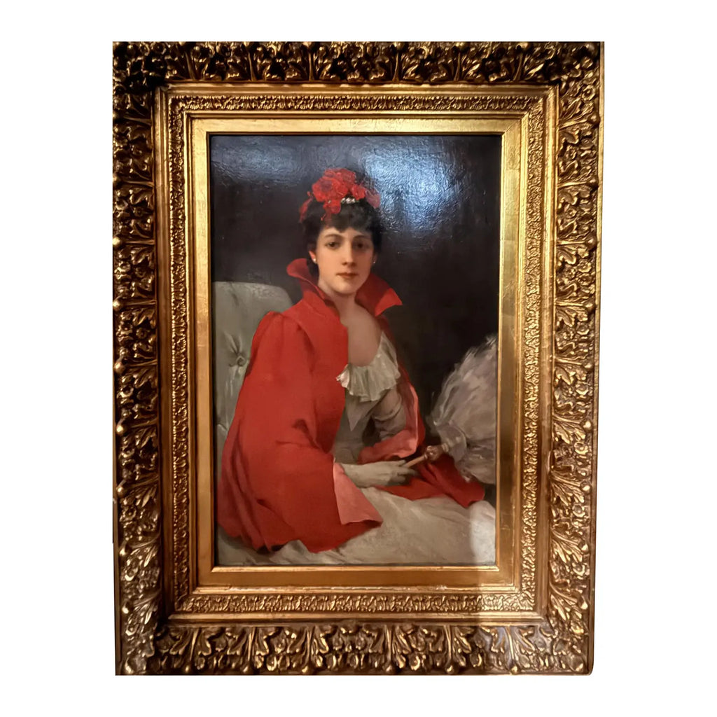 42" Signed William Henry Hyde ANA Gilded Age Oil Portrait, Socialite in Red Cloak and Ostrich Fan, Antique Gold Frame, Museum Quality