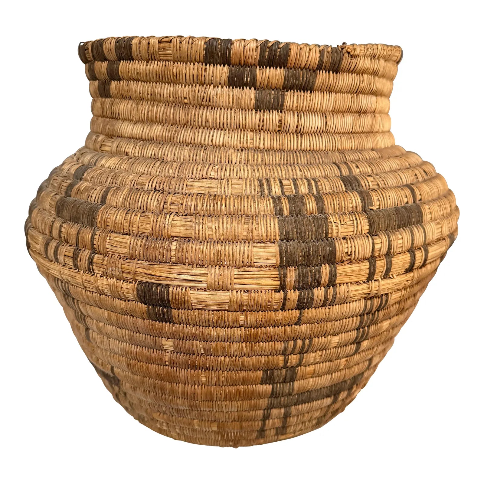 Monumental 17” Polychrome Pima Akimel Oodham in the Style of Native American Olla Basket Rare Dual Register Human and Deer Motif Willow Devils Claw & Yucca Root