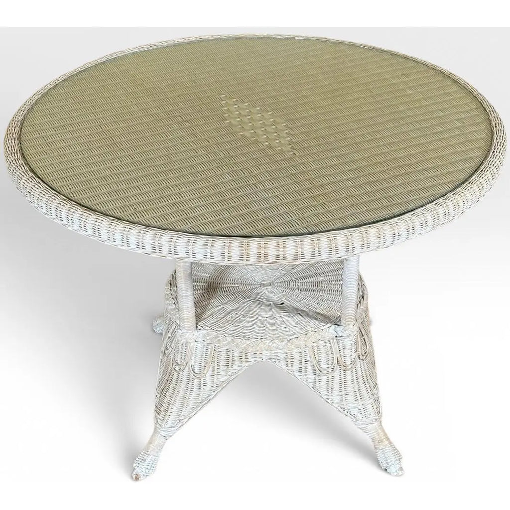 Vintage Coastal White Wicker Round Dining Table With Inset Glass Top