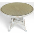 Vintage Coastal White Wicker Round Dining Table With Inset Glass Top