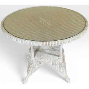 Vintage Coastal White Wicker Round Dining Table With Inset Glass Top