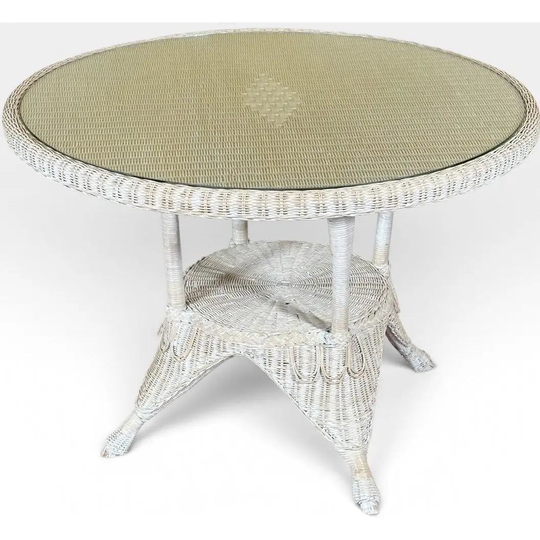 Vintage Coastal White Wicker Round Dining Table With Inset Glass Top