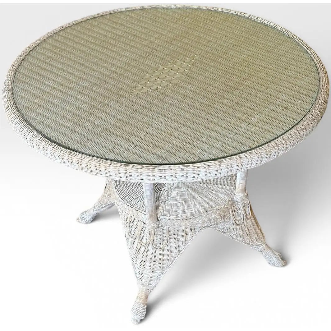 Vintage Coastal White Wicker Round Dining Table With Inset Glass Top