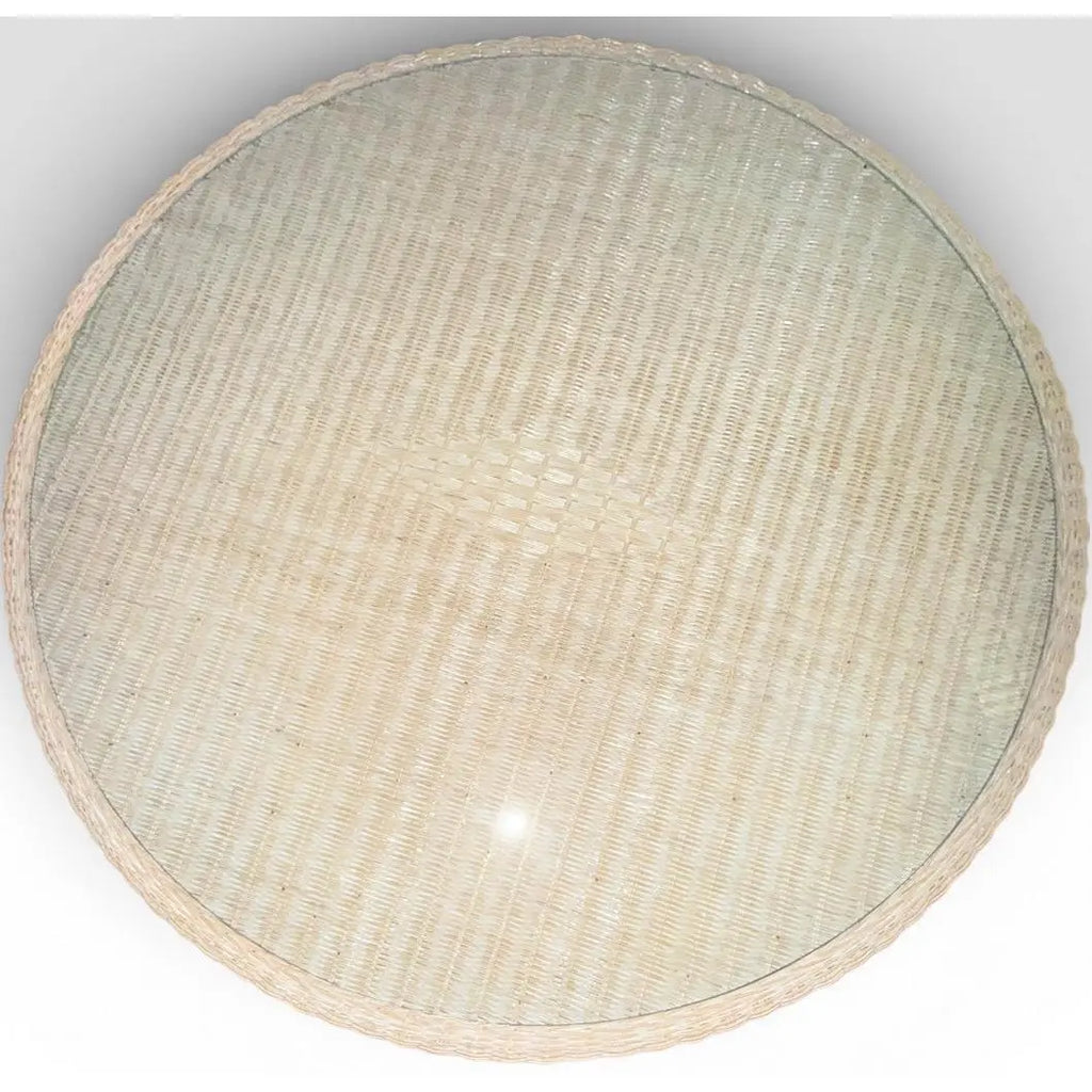 Vintage Coastal White Wicker Round Dining Table With Inset Glass Top