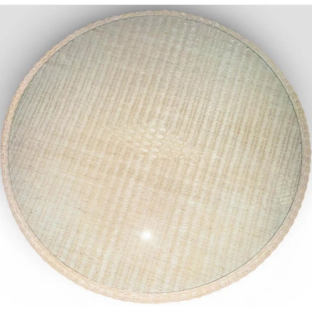 Vintage Coastal White Wicker Round Dining Table With Inset Glass Top
