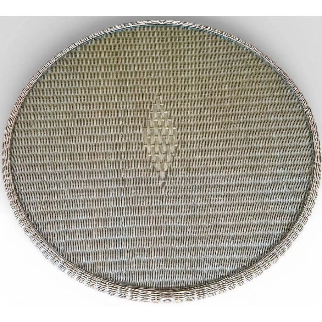 Vintage Coastal White Wicker Round Dining Table With Inset Glass Top
