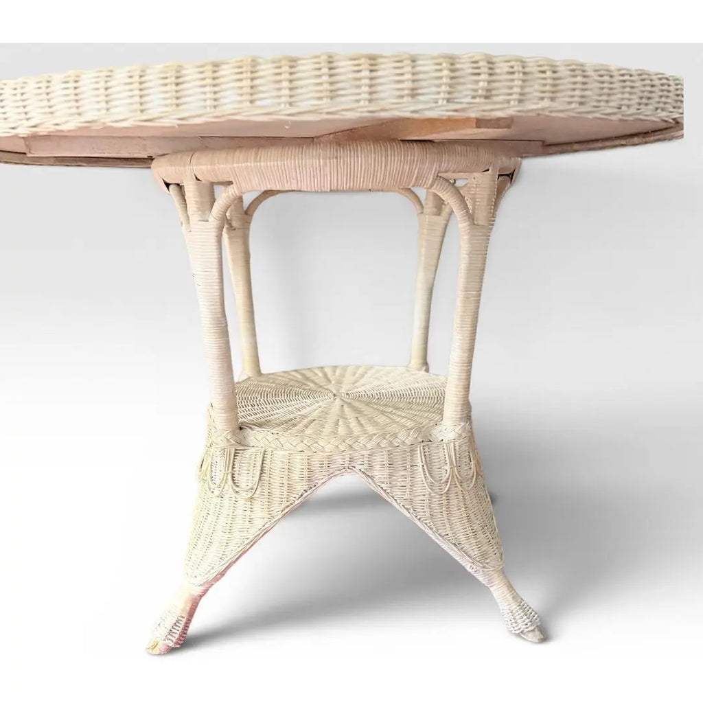 Vintage Coastal White Wicker Round Dining Table With Inset Glass Top