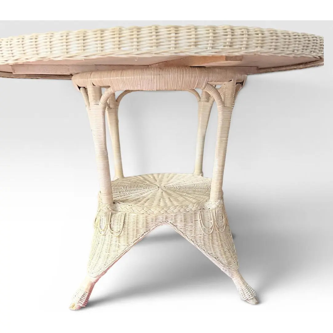 Vintage Coastal White Wicker Round Dining Table With Inset Glass Top