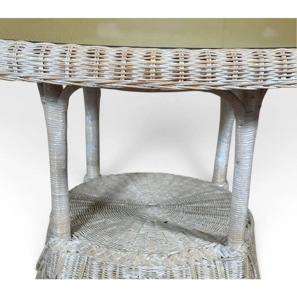Vintage Coastal White Wicker Round Dining Table With Inset Glass Top
