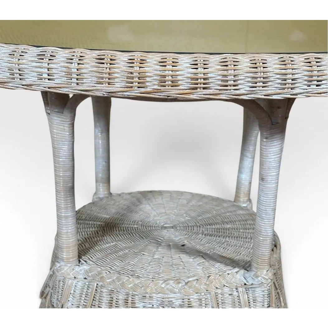 Vintage Coastal White Wicker Round Dining Table With Inset Glass Top