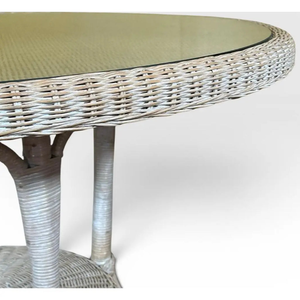 Vintage Coastal White Wicker Round Dining Table With Inset Glass Top