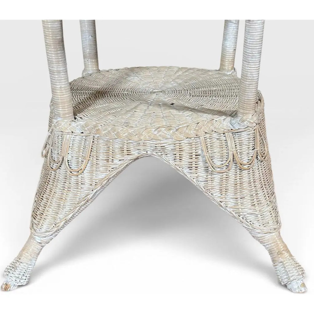 Vintage Coastal White Wicker Round Dining Table With Inset Glass Top