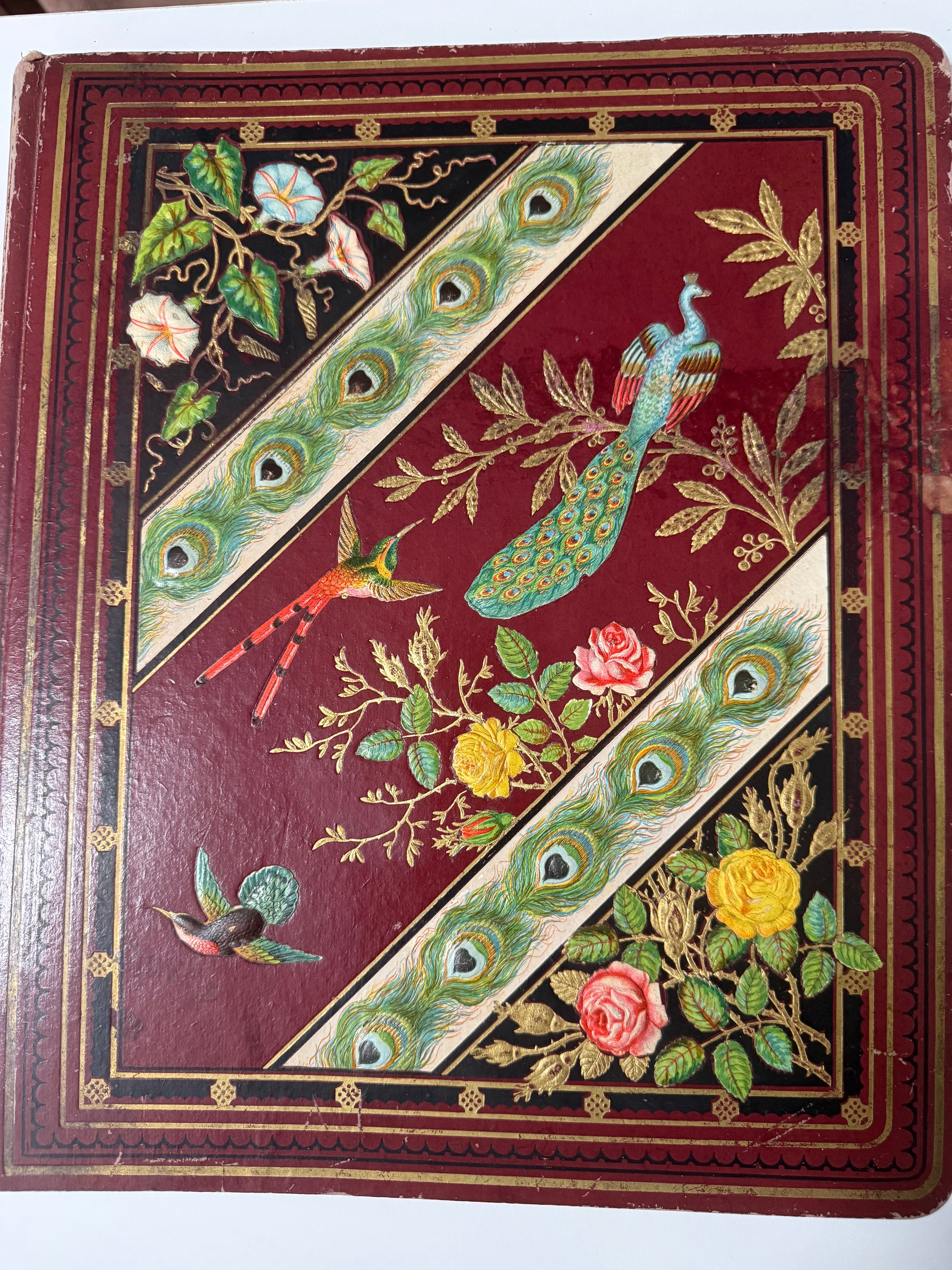 Rare 1880s Victorian Trade Card Album - Merchant’s Gargling Oil BASEBALL Set - Black Americana - Patent Medicine - Peacock Cover