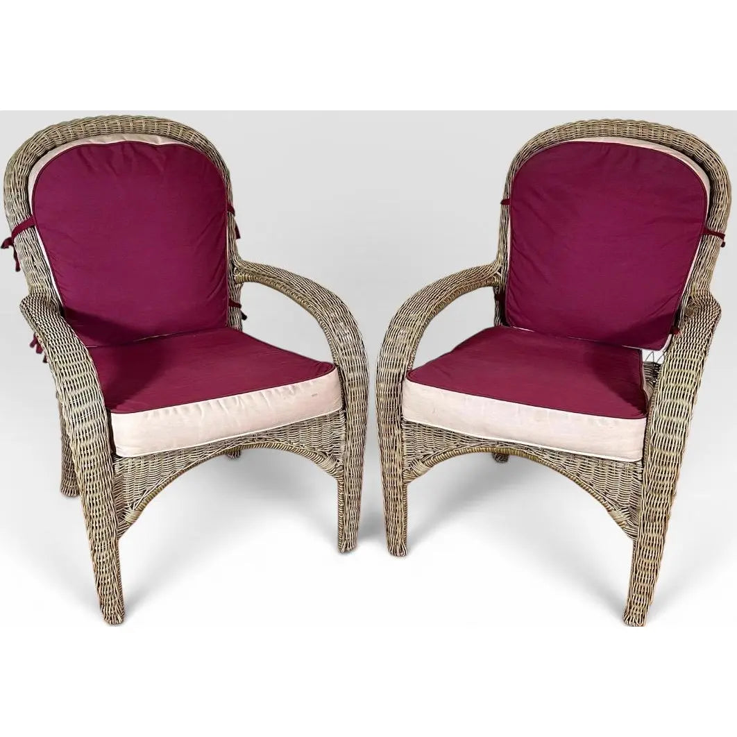 Pair of Vintage Boho Chic Wicker Barrel Back Lounge Armchairs