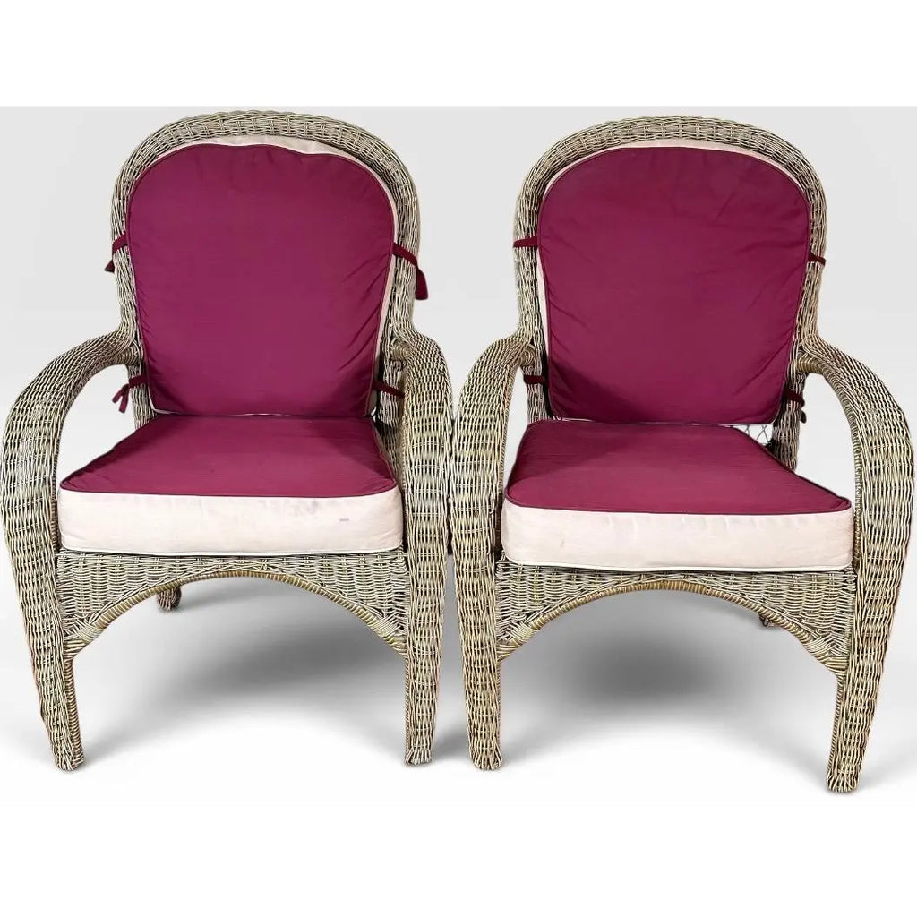 Pair of Vintage Boho Chic Wicker Barrel Back Lounge Armchairs