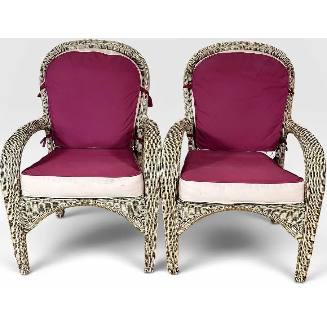 Pair of Vintage Boho Chic Wicker Barrel Back Lounge Armchairs