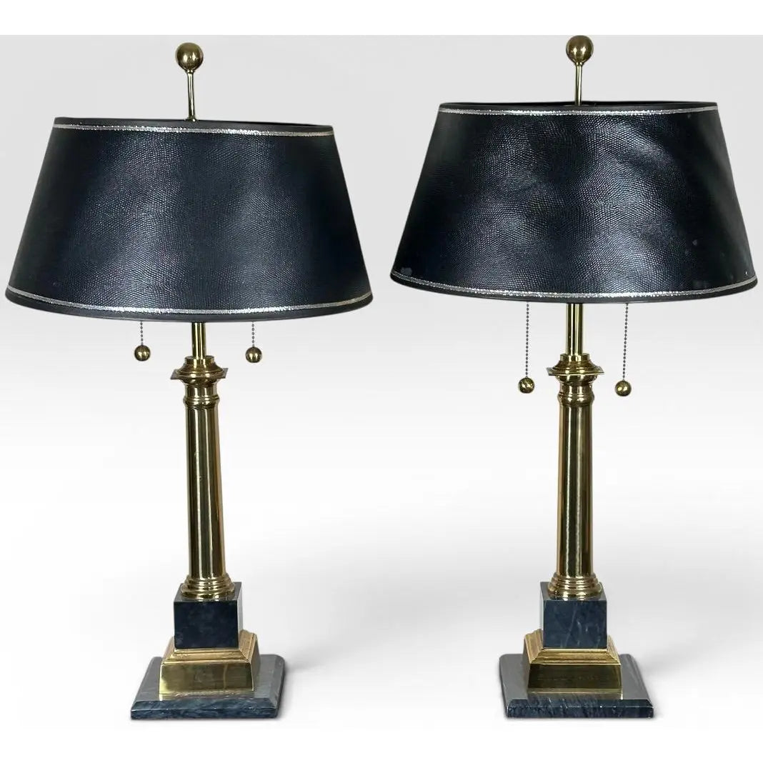 Pair of Vintage Neoclassical Black Brass and Marble Pedestal Table Lamps Attributed to Stiffel