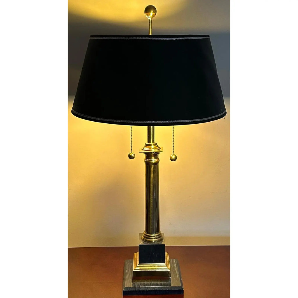 Pair of Vintage Neoclassical Black Brass and Marble Pedestal Table Lamps Attributed to Stiffel