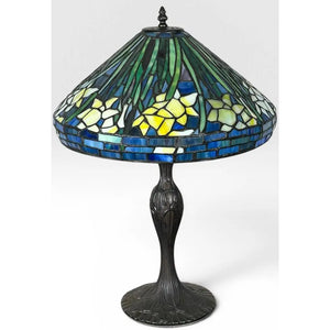 Vintage Tiffany Style Leaded Stained Glass Daffodil Table Lamp With Bronzed Fluted Base