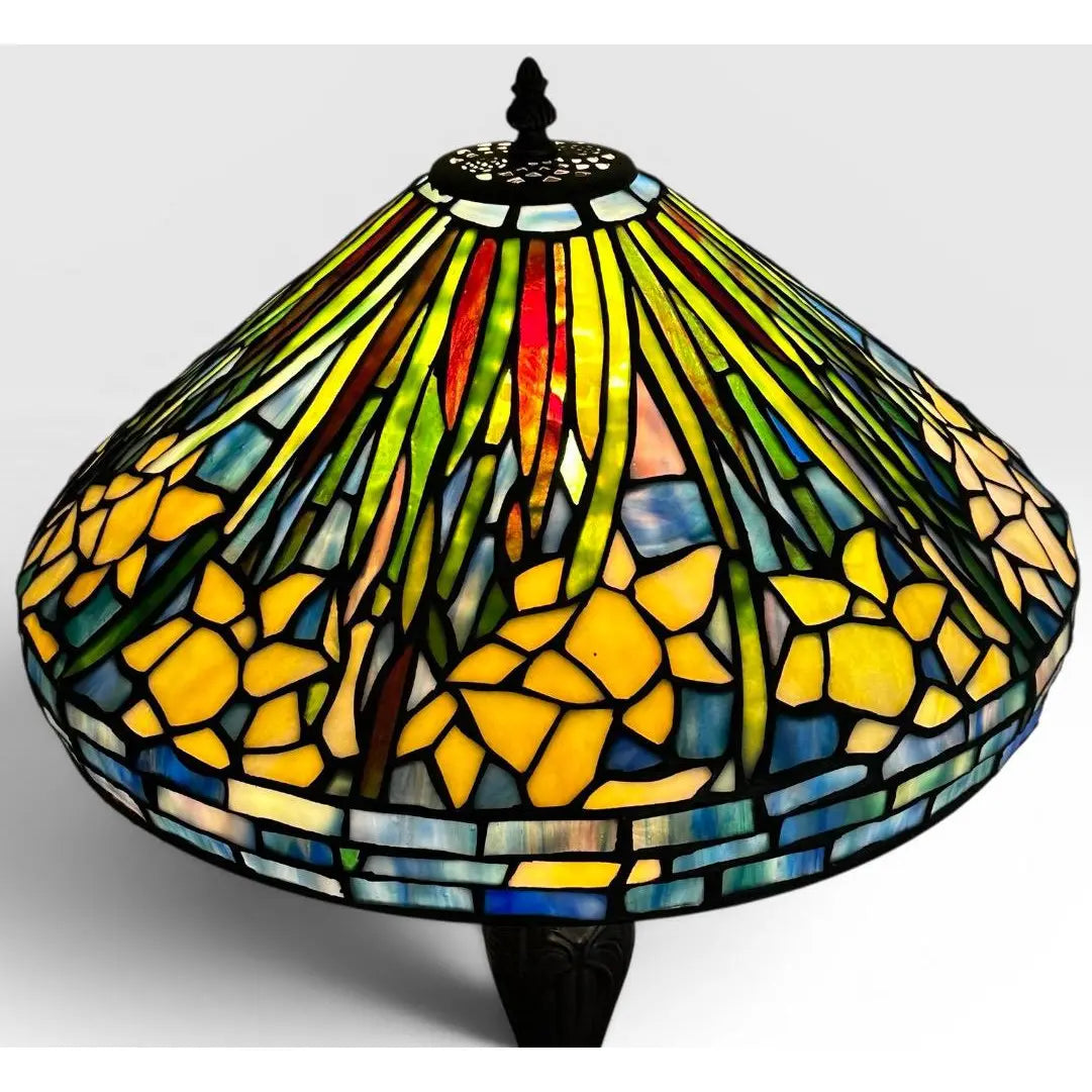 Vintage Tiffany Style Leaded Stained Glass Daffodil Table Lamp With Bronzed Fluted Base