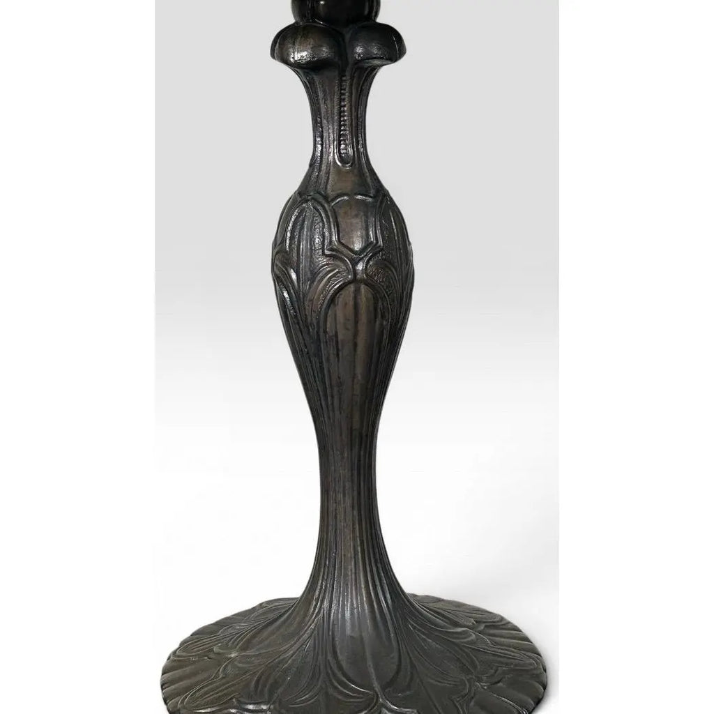 Vintage Tiffany Style Leaded Stained Glass Daffodil Table Lamp With Bronzed Fluted Base