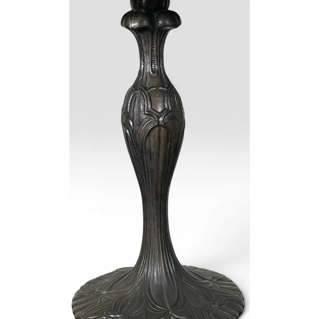 Vintage Tiffany Style Leaded Stained Glass Daffodil Table Lamp With Bronzed Fluted Base