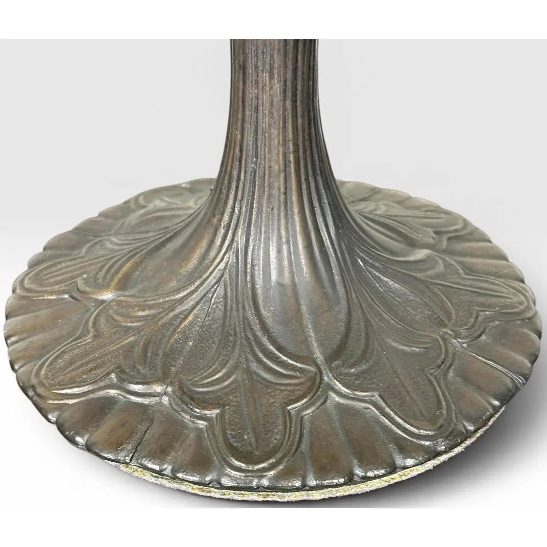 Vintage Tiffany Style Leaded Stained Glass Daffodil Table Lamp With Bronzed Fluted Base